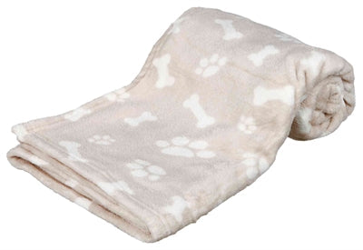 Hundetæppe i Plys – Beige med Poter og Ben (75 × 50 cm)